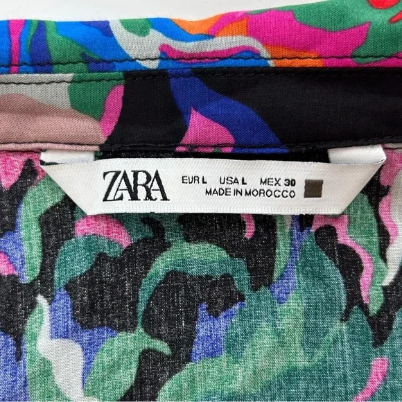 Zara Women’s L Bold Floral Print Long Sleeve Blouse 100% Viscose Artsy Boho Top - Picture 9 of 10